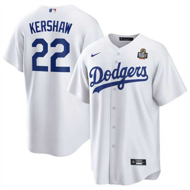 Men%27s Los Angeles Dodgers #22 Clayton Kershaw White 2024 World Series Cool Base Stitched Jersey Dzhi->los angeles dodgers->MLB Jersey